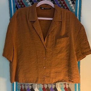 Zara Silky Brown Short Sleeve Button-Down Resort-style Cropped Shirt